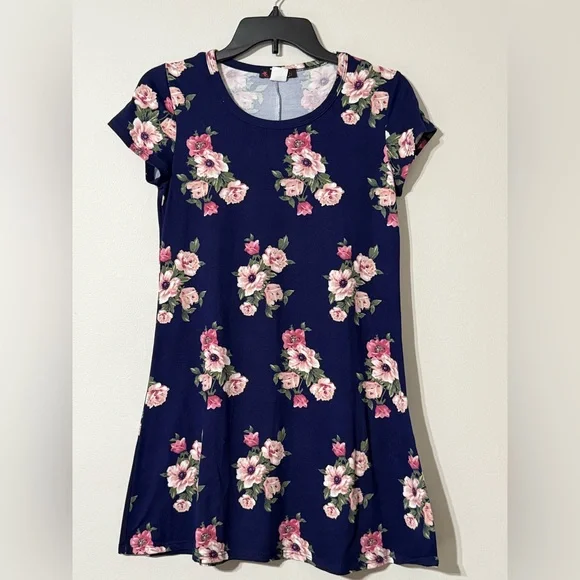 Floral Cottagecore Myth Navy Pink Cotton Jersey T-Shirt Dress Size M Medium - Picture 1 of 6